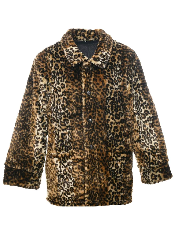 Leopard Pattern Faux Fur Coat - L Appliqued Beaded Sequined