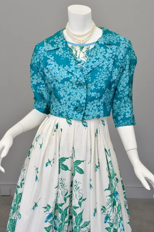 Aqua Blue Retro Floral Print Cropped Blazer Women's Unique Blazer