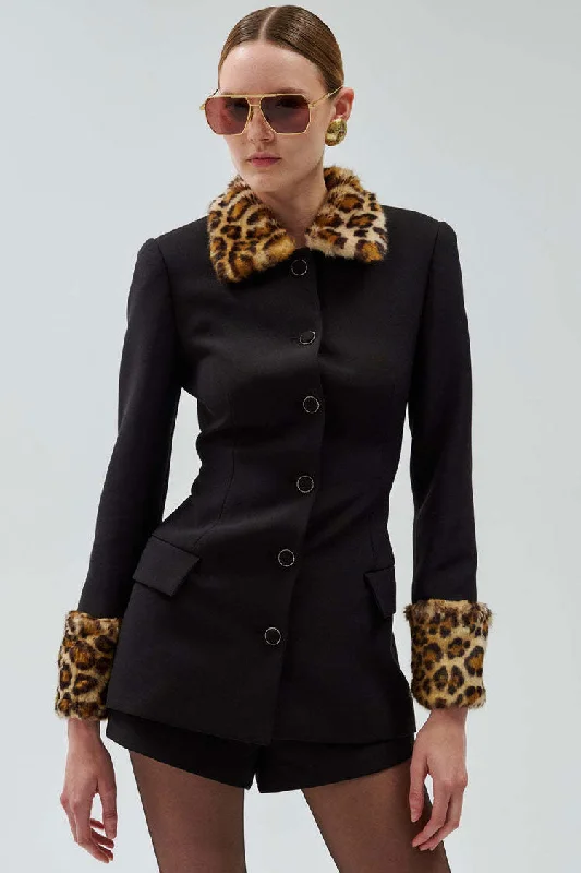 Sassy Leopard Print Faux Fur Collar Button Up Blazer Two Piece Shorts Set Women's High-End Blazer Sassy Leopard Print Faux Fur Collar Button Up Blazer Two Piece Shorts Set Women's High-End Blazer