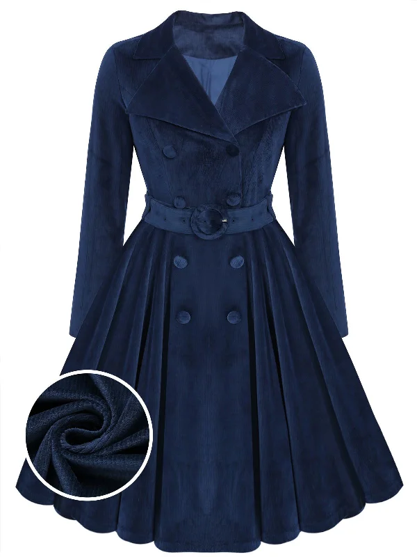 Navy Blue 1950s Corduroy Long Coat Solid Print Jacquard
