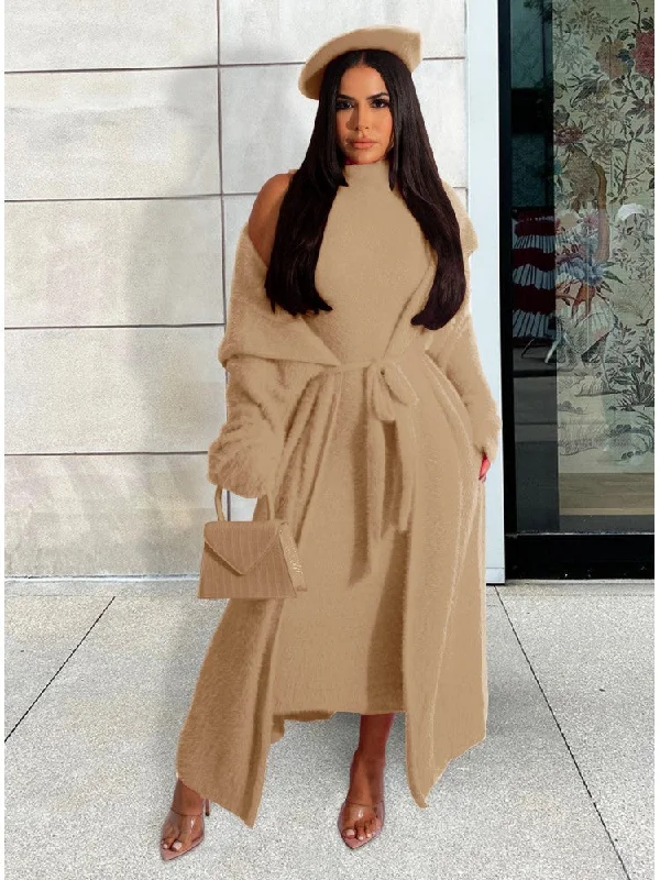 Solid Plush Sleeveless Dress Long Sleeve Cardigan 2PCS Sets Bright Pastel Dark