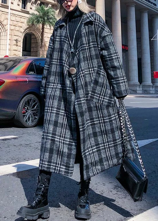 Elegant gray plaid Woolen Coat Women plus size Notched pockets long coats Wool Cashmere Tweed Elegant gray plaid Woolen Coat Women plus size Notched pockets long coats Wool Cashmere Tweed