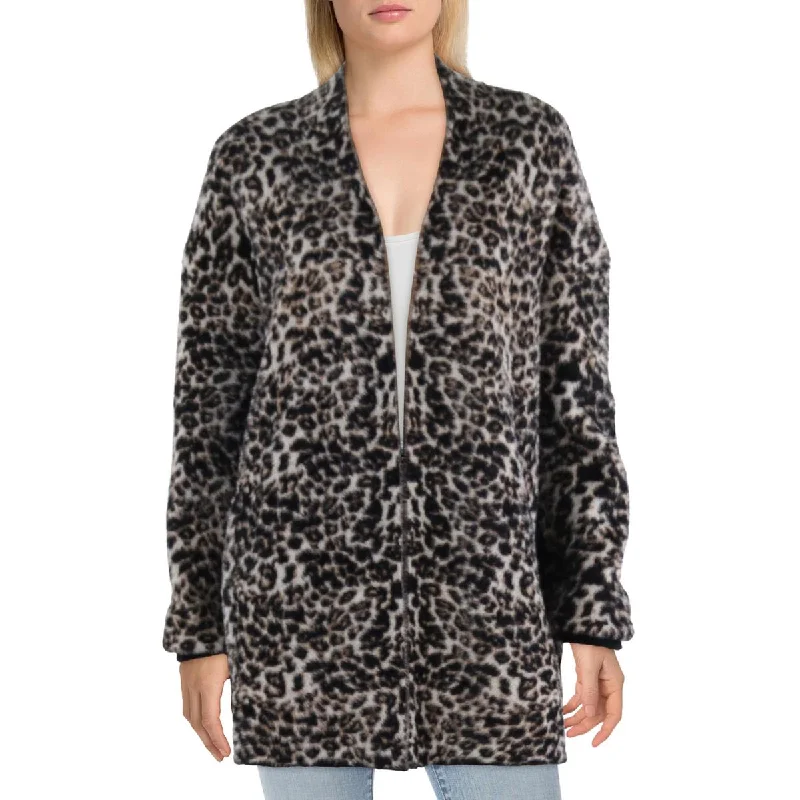 Stella + Lorenzo Womens Fleece Leopard Cardigan Sweater Ribbed Striped Patterned