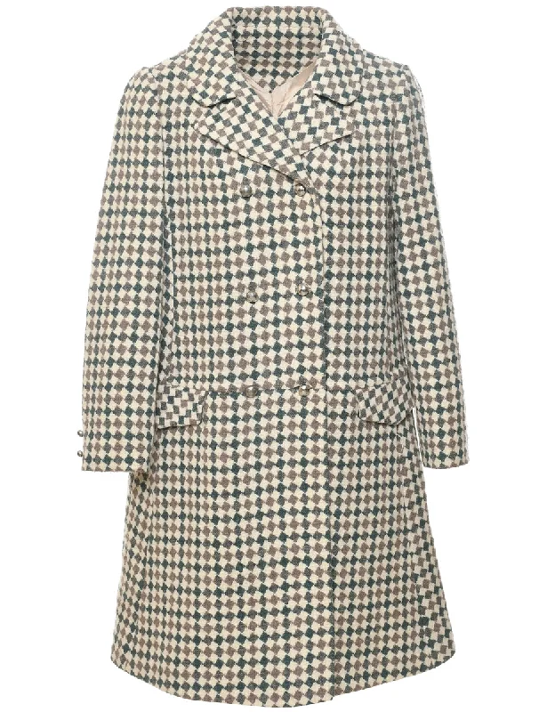 Checked Pattern Wool Coat - M Hook-and-Loop Buckled Tied
