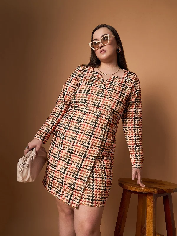 Women Peach Multi Houndstooth Blazer Dress Women's Classic Suit