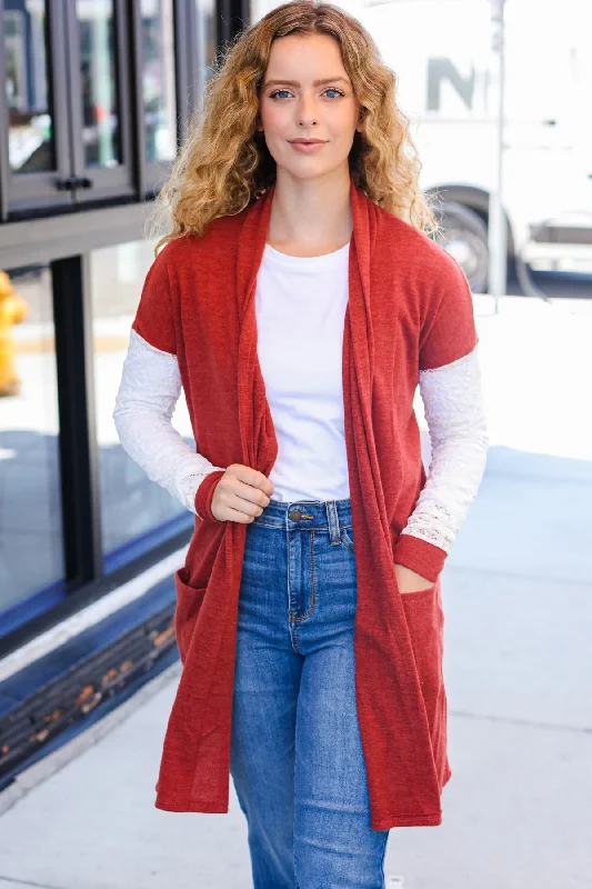 Rust Lace Sleeve Pocketed Long Cardigan Stylish Fashionable Trendy
