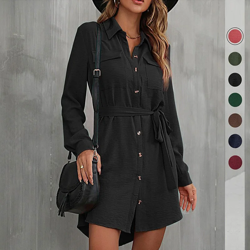 IKEARLAX Cross-border  New autumn 2025 cardigan shirt lapel women's commuter lace-up shirt dress Machine Wash Dry Clean Hand Wash