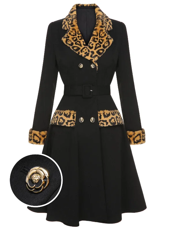 Black 1950s Leopard Lapel Pocket Coat Embroidered Appliqued Beaded