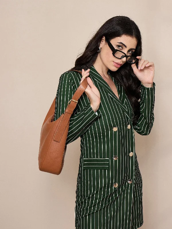 Women Green Striped Double Breasted Blazer Dress Women's Casual Suit