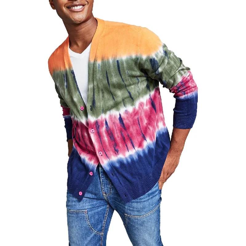 And Now This Mens Tie-Dye Knit Cardigan Sweater Mesh Blend Leather Blend Suede Blend