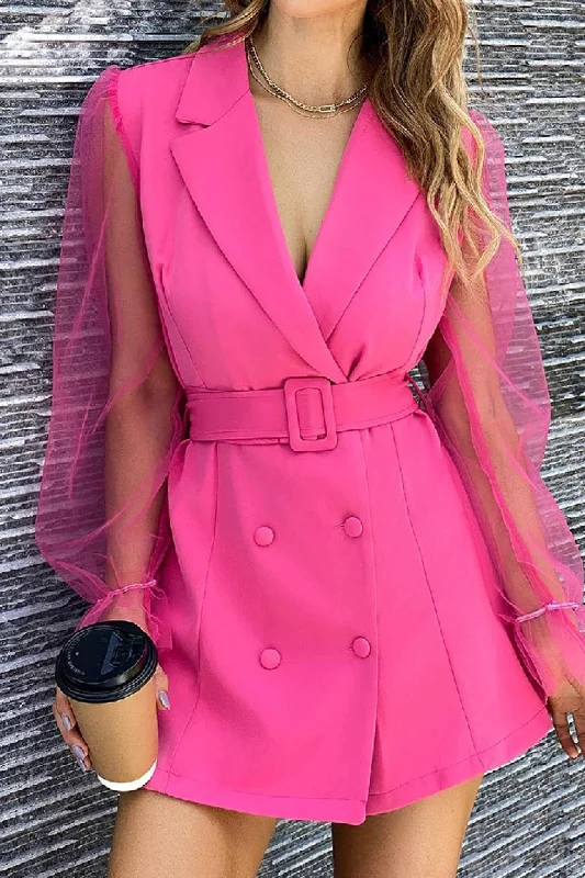 Mesh Sleeves Double-breasted Belted Blazer Dress Women's Business Blazer