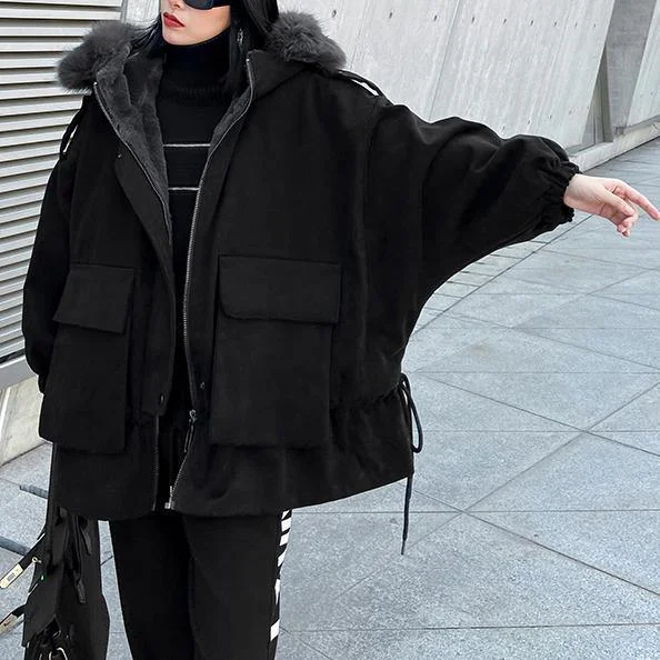 New plus size warm winter coat black hooded faux fur collar casual outfit Collared Crew Neck Turtle Neck