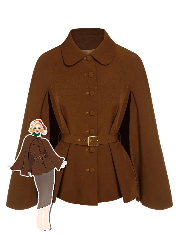 Camel Color 1940s Lapel Cape Coat Striped Polka Dot Floral