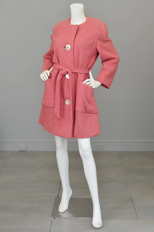 1950s Pink Bouclé Patch Pockets Coat Trench Wool Cashmere