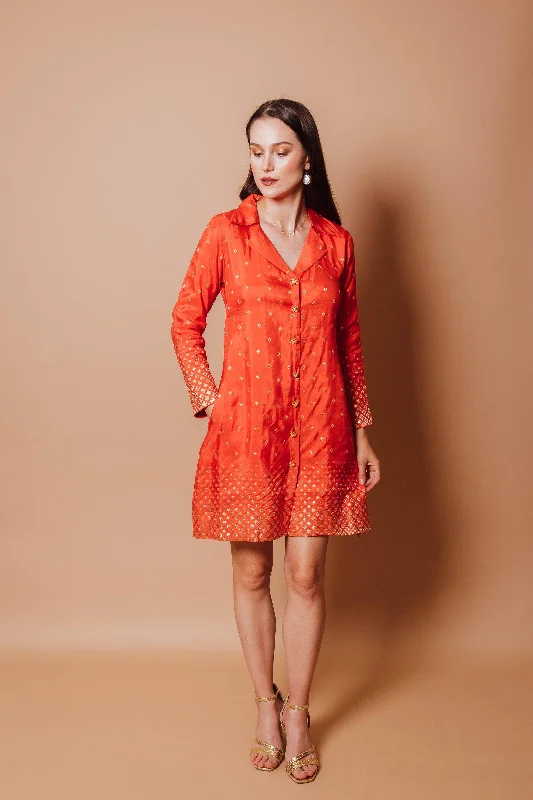 Samara Orange Blazer Dress with Jacquard Silk Women's Vacation Suit