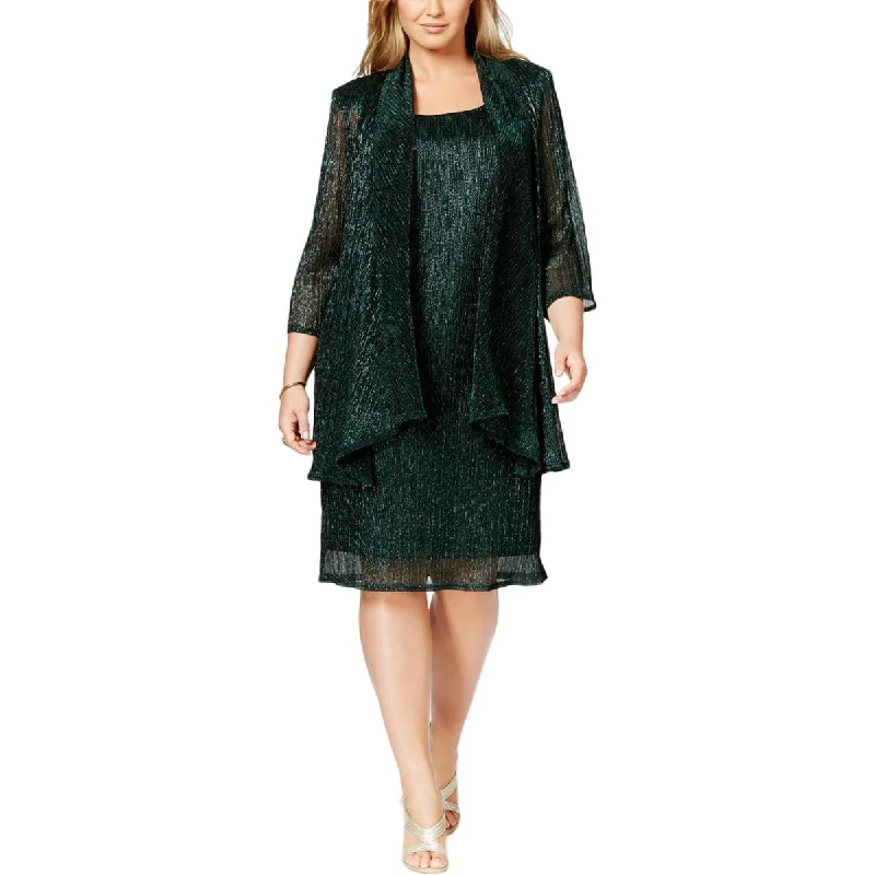 R&M Richards Womens Plus Metallic 2PC Dress With Cardigan Crew Neck V-Neck Turtle Neck R&M Richards Womens Plus Metallic 2PC Dress With Cardigan Crew Neck V-Neck Turtle Neck