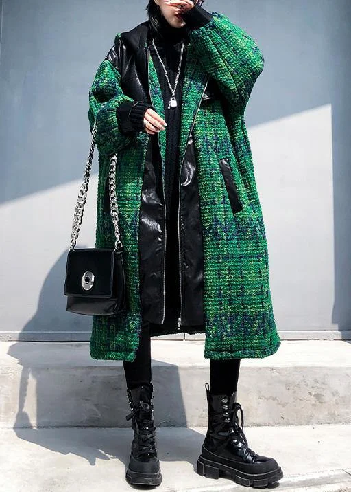Elegant green woolen coats Loose fitting medium length coat patchwork hooded woolen outwear Asymmetrical Collar Hooded Zippered Elegant green woolen coats Loose fitting medium length coat patchwork hooded woolen outwear Asymmetrical Collar Hooded Zippered