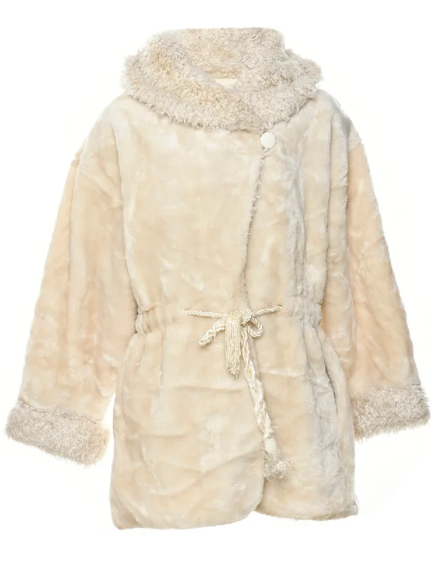 Hooded Faux Fur Coat - L Stand-Up Roll-Neck Turtle