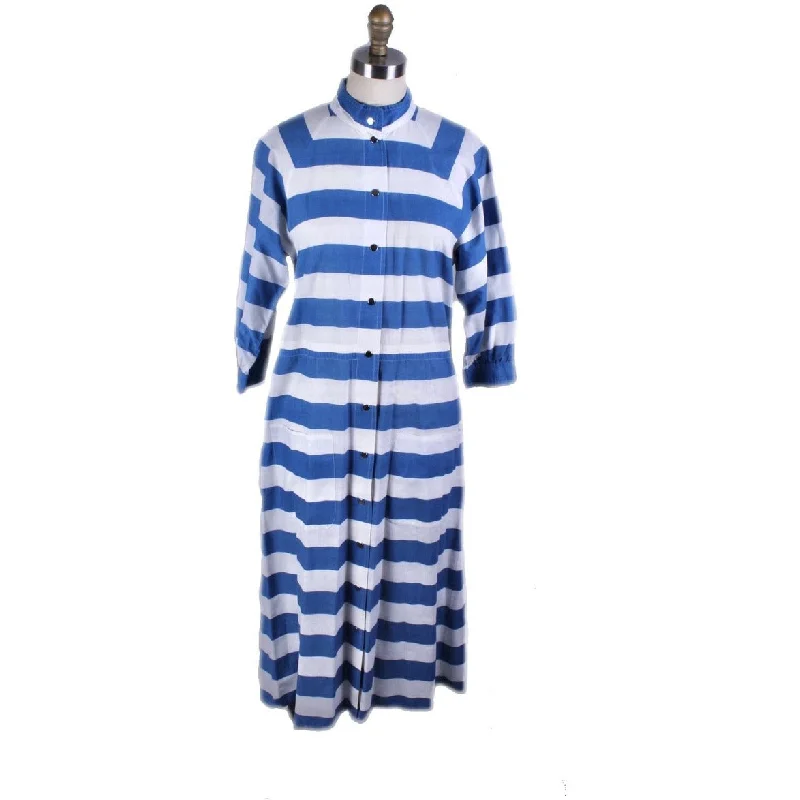 Vintage Vuokko Cotton Dress Blue & White Stripes Womens XS/S Snaps Coat-Dress Anorak Windbreaker Fleece Vintage Vuokko Cotton Dress Blue & White Stripes Womens XS/S Snaps Coat-Dress Anorak Windbreaker Fleece