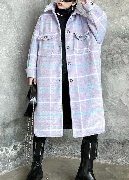 Luxury light blue plaid wool coat winter lapel asymmetric coats Hooded Caped Scarf
