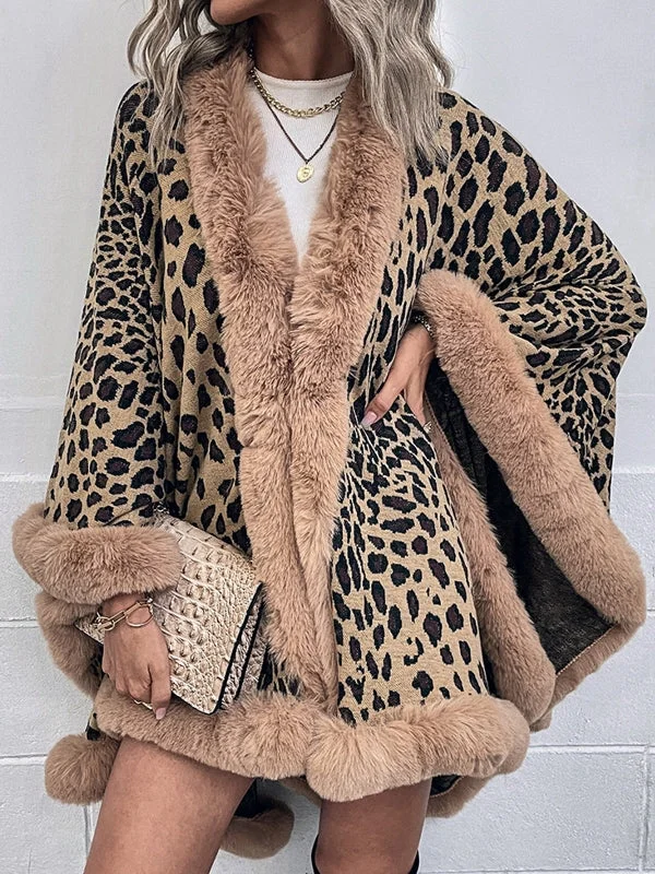 Women Vintage Leopard Warm Fur Collar Cape Coat Anorak Windbreaker Fleece