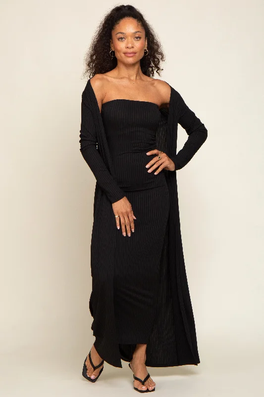 Black Ribbed Sleeveless Dress Cardigan Set Neon metallic Matte
