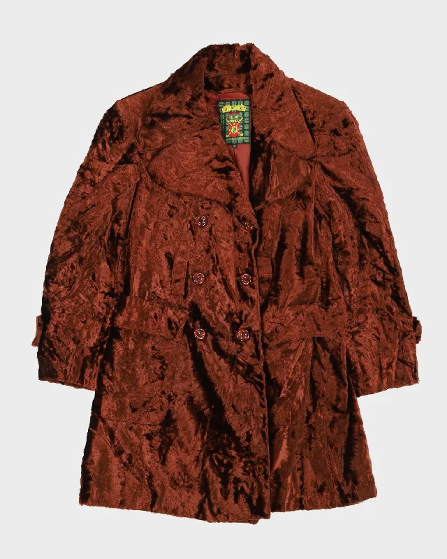 Brown Velvet Faux Fur Coat - S Lapel Coat Peter Pan Collar Coat Cowl Neck Coat