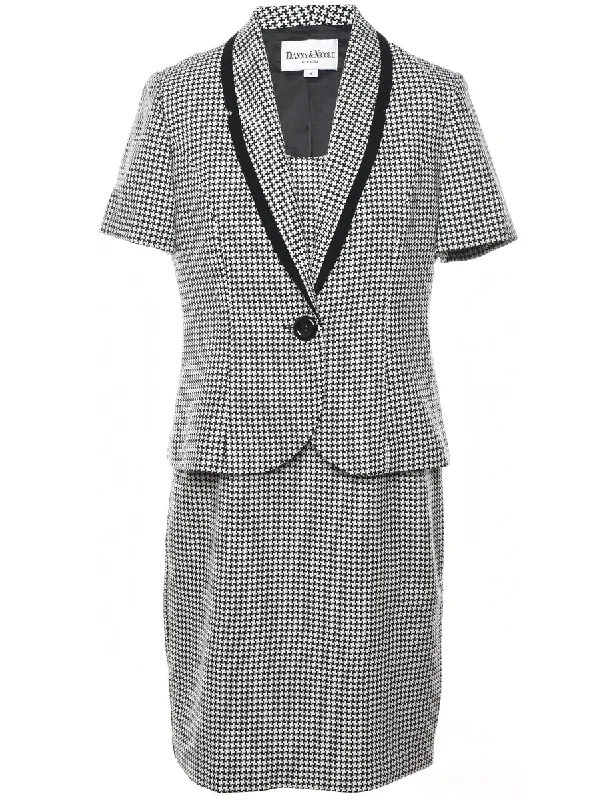 Black & White Patterned Skirt & Blazer Black Contrast Trim Set - M Women's Trendy Jacket