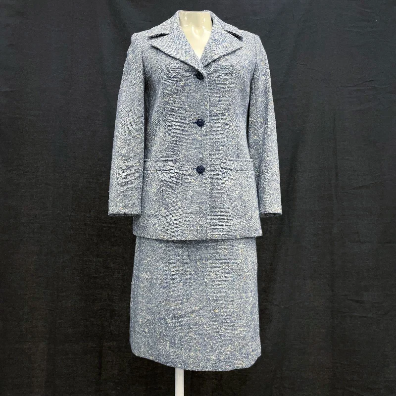Wmns Vintage PENDLETON 100% Wool Blue Tweed 2pc Blazer Skirt Suit Set 23" Waist Women's Leather Blazer