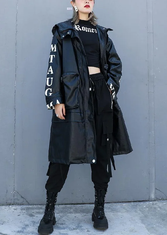 Women black fine crane coats design hooded pockets PU coats Appliqued Beaded Sequined Women black fine crane coats design hooded pockets PU coats Appliqued Beaded Sequined