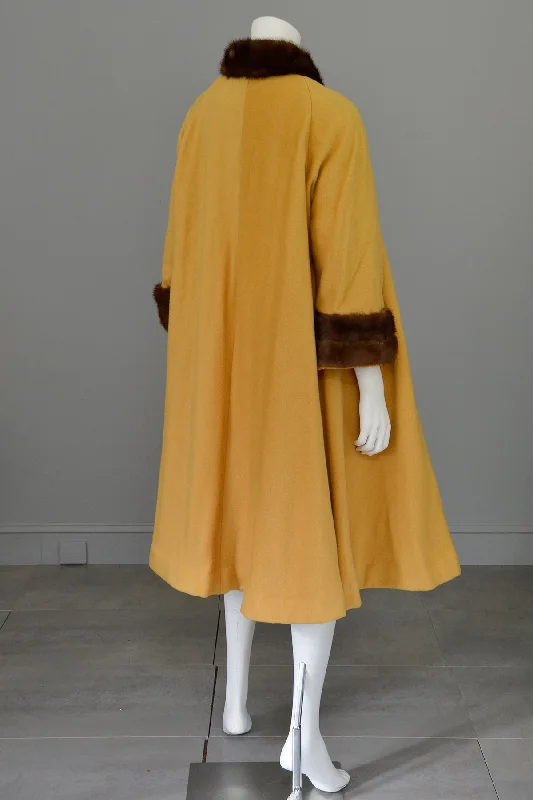1950s 60s Mink Trim Goldenrod Swing Coat Print Jacquard Embroidered