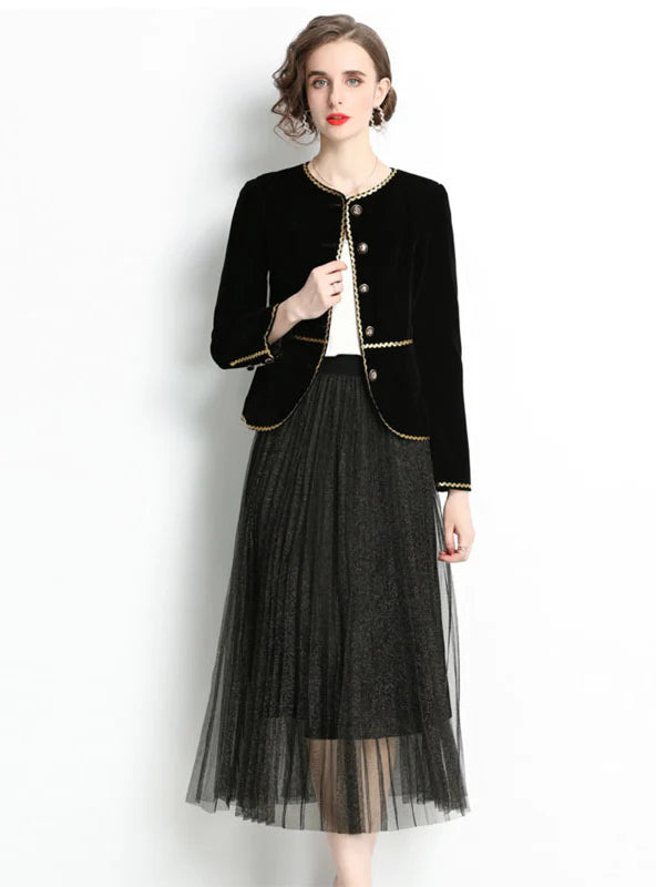 RETRO VELVET COAT GAUZE SKIRT TWO-PIECE SUIT Bolero Crop Top Camisole