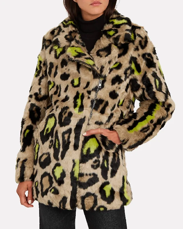 Chloe Faux Fur Coat in Neon Leopard Buttoned Zippered Snapped