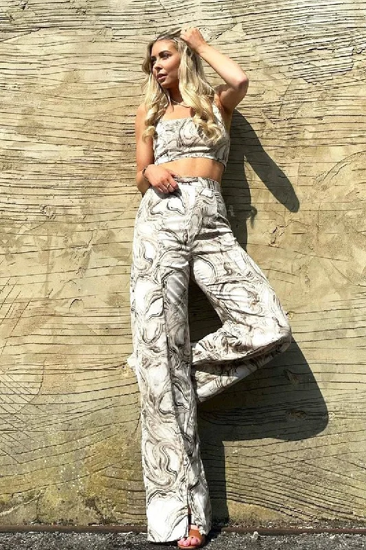 Beige Marble Halter Crop Trouser Co-ord - Delta Trousers Polka Dot Cute