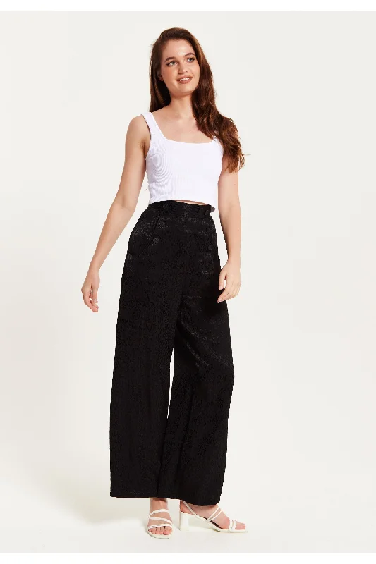 Black Animal Print Wide Leg Trousers by Liquorish Trousers Brand Named