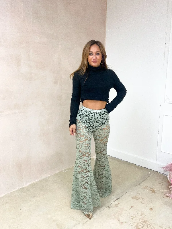 Petite - Fairytale Lace Extreme Flare Trousers In Sage Green Trousers Spring Floral