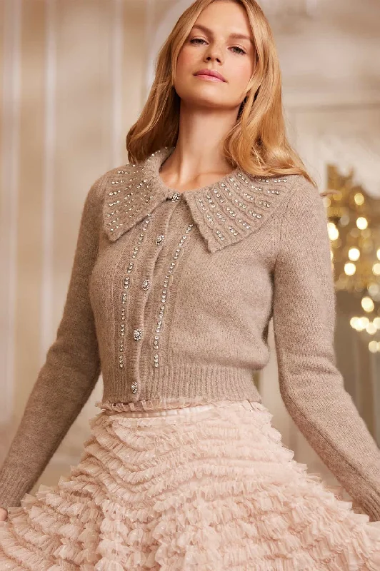 Embellished Collar Short Cardigan Satin Fabric Silk Fabric Chiffon Fabric
