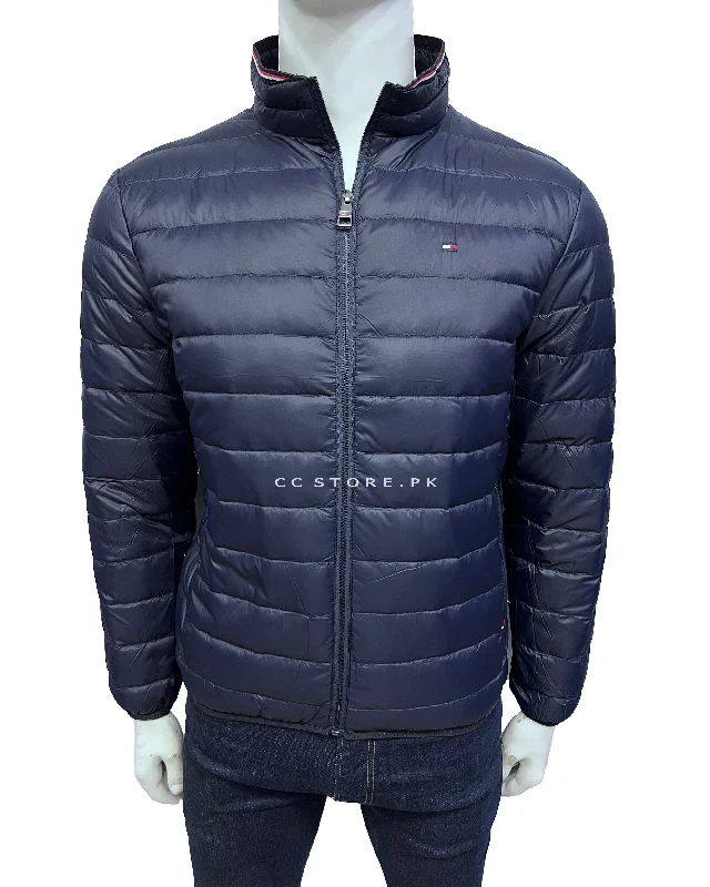 TH Packable Tipped Collar Navy Blue Duck Down Puffer Jacket Front Pockets Side Pockets Patch Pockets TH Packable Tipped Collar Navy Blue Duck Down Puffer Jacket Front Pockets Side Pockets Patch Pockets