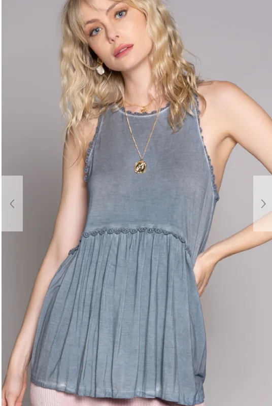 "Fit to Flatter" Babydoll Lace Trimmed Tank Top with Back Zipper - Blue {POL} playful tank top "Fit to Flatter" Babydoll Lace Trimmed Tank Top with Back Zipper - Blue {POL} playful tank top