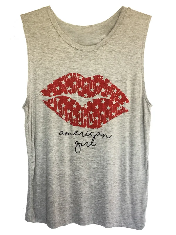 4th & Rose American Girl Star Lips Heather Grey Muscle Tank pastel tank top