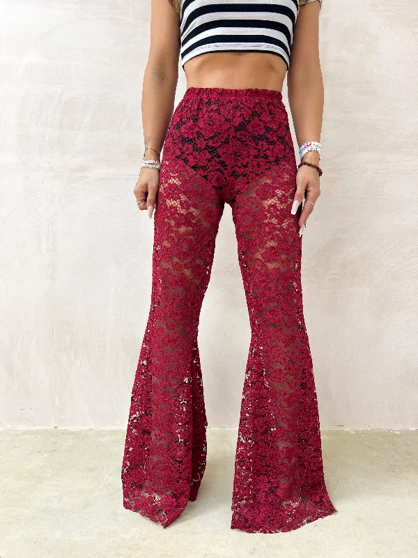 Petite - Fairytale Lace Extreme Flare Trousers In Burgundy Trousers Bridal Satin