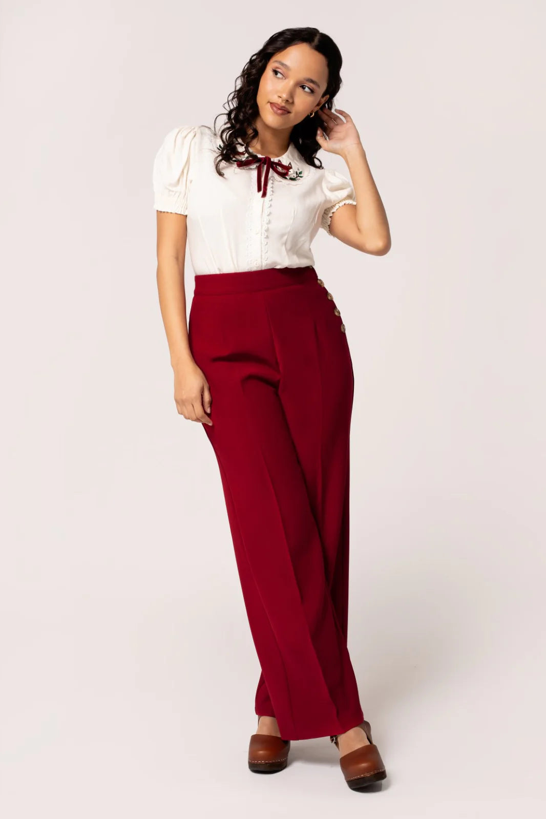 Ginger Swing Trousers - Red High Waist Slim Fit Ankle Length