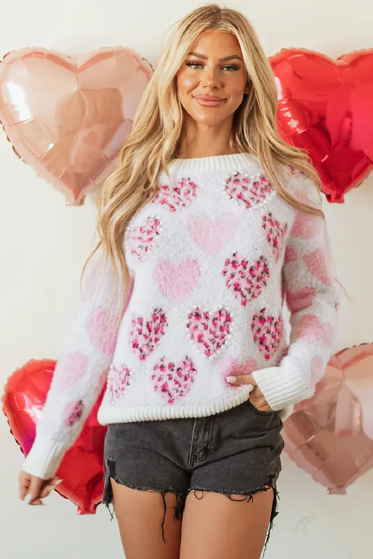 Pink Heart Leopard Print Pearled Ribbed Trim Fuzzy Sweater Spandex Rayon Corduroy