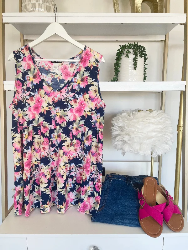 Pink and Yellow Floral on Navy Tiered Tank graphic tank top