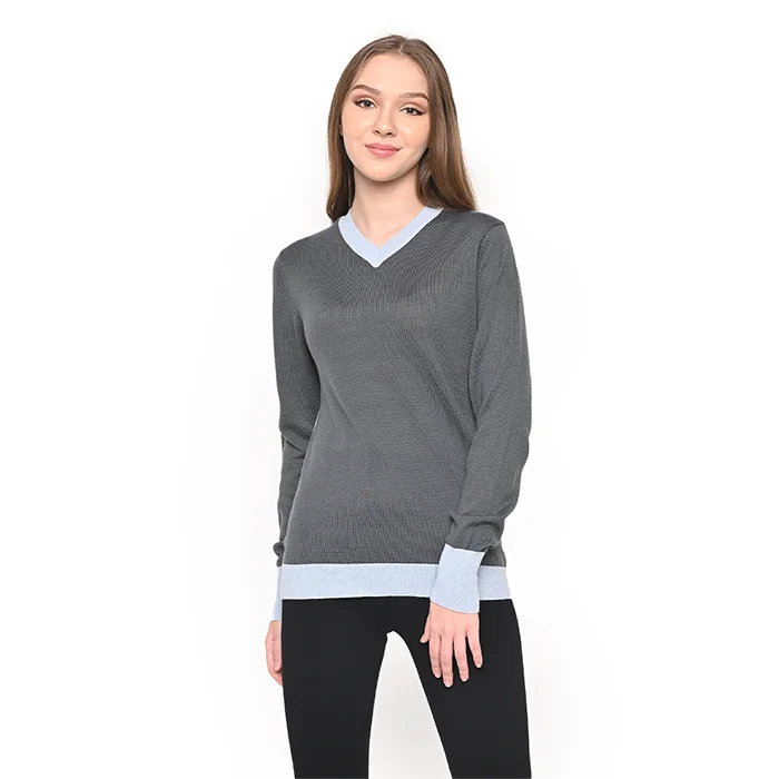 Ladies V Neck Sweater W Contrast Cuff Spandex Rayon Corduroy