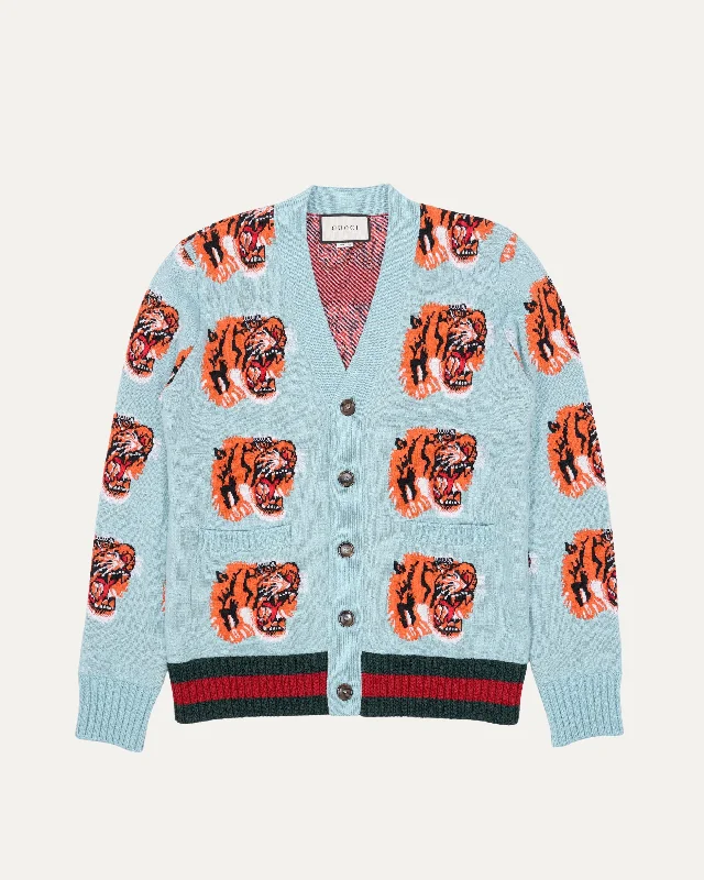 Tiger Jacquard Wool Cardigan Notch Collar Peter Pan Collar Cowl Neck