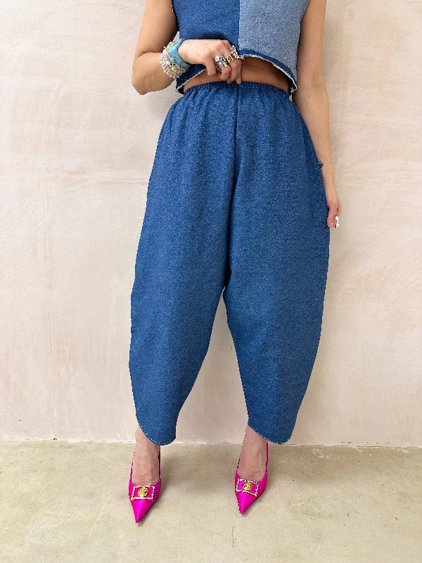 The Genie Denim Balloon Trousers In Blue Trousers Prom Sequined