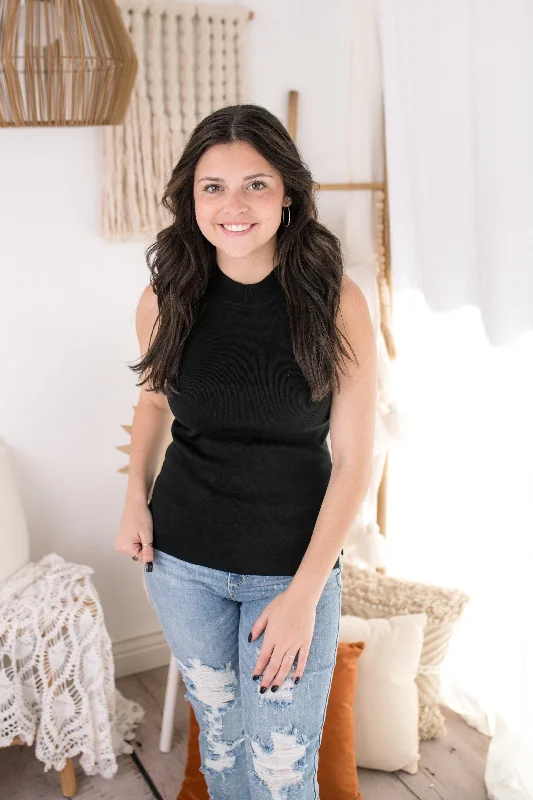 Valeria Black Mock Neck Knit Tank Top trendy tank top