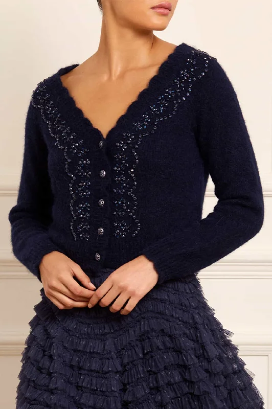 Embellished V-Neck Short Cardigan Denim Fabric Leather Fabric Suede Fabric