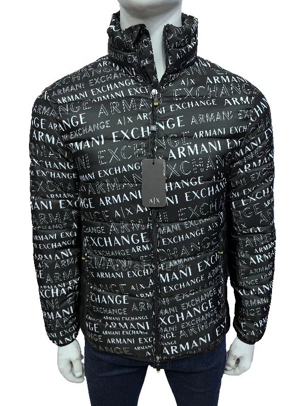 AX Logo Print Puffer Jacket Welt Pockets Slit Pockets Flap Pockets